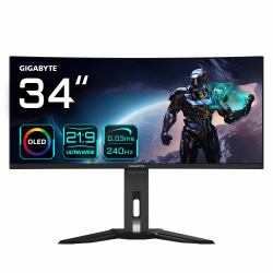 GIGABYTE Moniteur de jeu courbé OLED WQHD MO34WQC2 de 34" - 3440 x 1440, 240Hz, 0.03ms, KVM, 250 cd/m², FreeSync Premium Pro, DisplayHDR True Black 400, HDMI 2.1, Displayport 1.4 