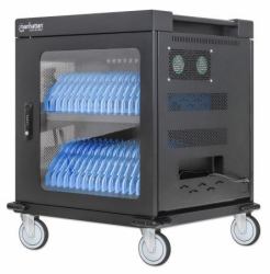 Manhattan Chariot de charge [armoire] 32 appareils, charge via adaptateurs secteur [EU] internes [installer les câbles d’alimentation des appareils], TOUT portables jusqu’à 15,6", iPad, MacBook et Chromebook, compartiments 380×30×280 mm, verrouillable 