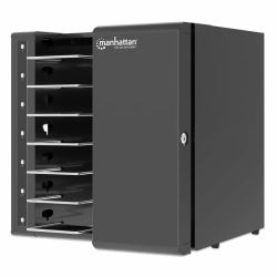 Manhattan Armoire de charge USB-C 65W de bureau 7 ordinateurs portables [jusqu’à 16"], compatible avec ordinateurs portables, iPads, MacBooks et autres appareils USB-C, compartiments 402×290×50 mm, câbles USB-C inclus, chariot, câbles d’alimentation EU/UK 