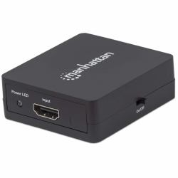 Manhattan Splitter HDMI 2 ports, 1080p, noir, duplique le signal d’une source HDMI vers 2 écrans [même signal sur les deux], alimentation par USB-A [câble inclus 0,7 m], garantie de 3 ans 