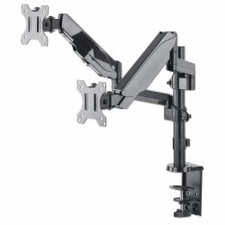 Manhattan Support de bureau double pour TV/moniteurs [bras à vérin gaz à Bras articulé], écrans 10" à 27", fixation à l’arrière par pince ou passe-câble, Compatibilité VESA : 75x75 et 100x100 mm [vérifiez les dimensions des quatre trous de fixation à l’arrière] 