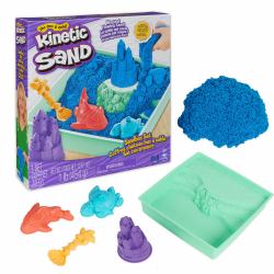 Spin Master Kinetic Sand , Coffret Bac à sable, 454 g de sable bleu, bac à sable, 4 moules et outils, jouets sensoriels pour les enfants à partir de 3 ans 