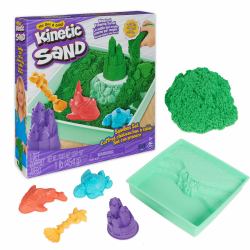 Spin Master Kinetic Sand , Coffret Bac à sable, 454 g de sable vert, bac à sable, 4 moules et outils, jouets sensoriels pour les enfants à partir de 3 ans 