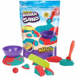 Spin Master Kinetic Sand , Mold n' Flow, 680 g de sable rouge et turquoise, 3 outils, jouets sensoriels pour enfants à partir de 3 ans 