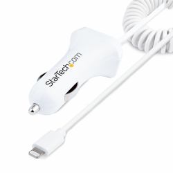 StarTech.com Chargeur Voiture Lightning avec Câble Spiralé - Chargeur Iphone 1m - Double Chargeur USB pour Telephones et Tablettes pour la Voiture - Chargeur Auto Blanc de 12W 