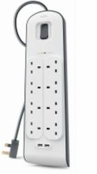 Belkin BSV804AF2M protection surtension Blanc 8 sortie[s] CA 2 m (BELKIN 8 WAY SURGE PROTECTION - STRIP-2M W/2X2.4AMP USB CHARGING)