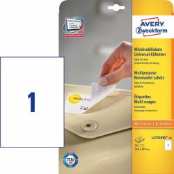 Avery Etiquettes enlevables, blanc, 210,0 x 297,0 mm, Adhésif enlevable 
