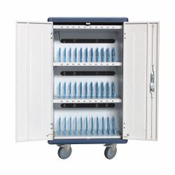 Techly I-CABINET-30DUTY chariot et rangement roulant Classe mobile de charge et de gestion Blanc, Bleu (Trolley USB Charging Station - Ventilated for 30 Notebooks / - Tablets / Smartphones White / ...